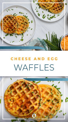 three different waffles on white plates with green garnish and text that reads cheese and egg waffles