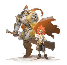 two people standing next to each other in front of a giant robot with an orange hair