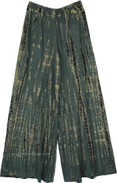 These are ribbed jersey cotton tie-dyed palazzo pants. The fabric offers a slightly thicker feel, ideal for a touch of warmth without compromising on the ease of movement. #tlb #SplitSkirtsPants #TieDye #bohemianfashion #hippieloungepants Green Cotton Hippie Bottoms, Green Cotton Hippie Pants, Green Wide-leg Hippie Bottoms, Tie-dye Cotton Wide Leg Pants, Hippie Cotton Tie-dye Bottoms, Cotton Palazzo Pants, White Workout Top, Black Palazzo Pants, Green Clothing