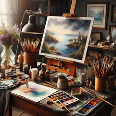 an artist's desk with art supplies and paintings