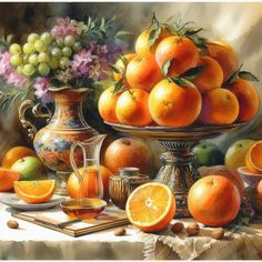 a painting of oranges and other fruit on a table