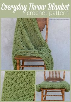 there is a green crocheted blanket on the chair and it has a wooden back