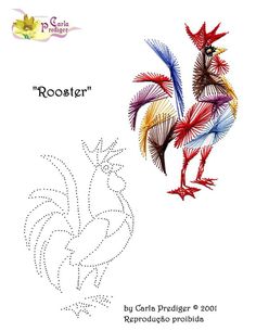 an image of a rooster made out of colored thread on white paper with the words rooster written in spanish