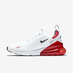 Men's Nike Air Max 270 White/Black-University Red Size: 11.5.  Gender: male.  Age Group: adult. Nike Shoes Men Air Max 270, Red Nike Air Max For Sports With Boost Midsole, Nike Air Max 270 Boys, Nike Air Max 270 Black And Red, Red Nike Air Max For Sports, Nike Air Max 270 White, Nike Air Max Red Sports Shoes, Nike Air Max Ltd, Nike Sneakers Mens