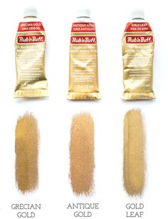 four different types of gold pigments on white background, with description text above them