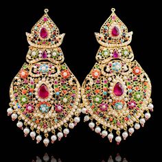 Yarrah Earrings - á La Couture Temple Jewelry Stone Work Danglers For Celebration, Temple Jewelry Danglers With Stone Work For Celebration, Ceremonial Gold Earrings With Stone Work, Festive Jeweled Chandbali Pearl Earrings, Festive Jeweled Temple Jewelry Chandbalis, Festive Heavy Temple Jewelry Earrings, Kundan Pearl Earrings With Stone Work For Festivals, Gold Earrings With Stone Work For Ceremonial Occasions, Temple Jewelry Style Bridal Earrings With Stone Work