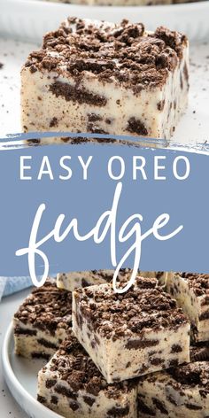 easy oreo fudge dessert on a plate with the title overlaying it