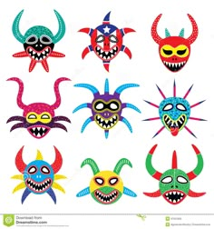 an assortment of colorful masks with different designs and colors on white background, including the faces of