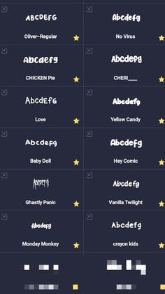 the different font styles and colors for each type of font, which are used to spell out