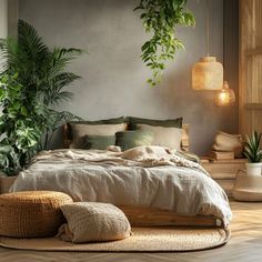 a large bed sitting in the middle of a bedroom next to a potted plant