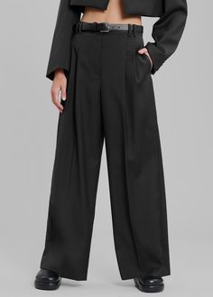 Color: BlackClassic woven suiting fabricRelaxed wide leg fitHigh riseBelt loopsFront pleat detailingTraveler's creaseSide seam pocketsIllusion welted back pocketsHook and bar closureZip flyUnlined70% Polyester 30% WoolDry CleanImported Wide Pants, Black Pants, Wide Leg, Bar, Pants, Black, Color, Trousers, Wide Trousers