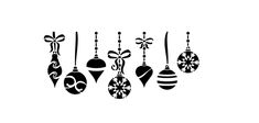 black and white christmas ornaments hanging from strings on a string with bows, snowflakes and baubles