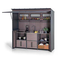 an open kitchen cabinet with shelves and cupboards