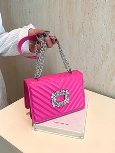 Mini Square Bag With Metal Chain Shoulder Strap, Rhinestone Decoration, Leisure Crossbody Bag, Spring/Summer New Arrival Woven Small Purse, Mobile Phone Bag, Versatile Women's Bag Hot Pink Elegant   PU Leather Letter,Plaid,Plain,Striped,Textured Pattern Square Bag   Women Bags, size features are:Bust: ,Length: ,Sleeve Length: Sparkly Handbag, Pink Purses, Expensive Purses, Hot Pink Bag, Pink Vibes, Pink Purse, Mobile Phone Bag, Small Purse, Chain Shoulder Bag