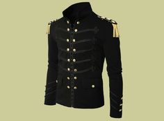 100% cotton, Lining: 100% polyester. High quality Military Napoleon Gold Embroidery Jacket featuring standing Mandarin collar, flattering slim cut, great details! Rule the street with this awesome piece. Hook closure at the front, Dry cleaning Only This jacket will bring a fashionable touch to your look and will definitely suit all styles and seasons. Size Chart: XSmall: Chest 38 Inches, Waist 36 Inches. Small: Chest 40 Inches, Waist 38 Inches. Medium: Chest 42 Inches, Waist 40 Inches. Large: Ch Winter Cotton Blazer With Stand Collar, Black Cotton Blazer For Winter, Winter Costume Blazer With Long Sleeves, Fitted Cotton Outerwear For Fall, Winter Costume Double-breasted Outerwear, Winter Costume Outerwear With Stand Collar, Fitted Double-breasted Outerwear For Costume, Cotton Costume Outerwear For Fall, Fitted Casual Outerwear For Cosplay