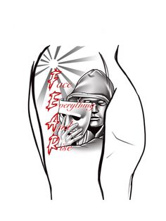 a drawing of a man wearing a helmet and holding his hand to his face with the word