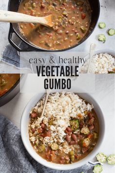 two bowls filled with vegetable gumbo and rice