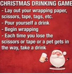 a santa clause holding a beer next to a red wall with the words christmas drinking game