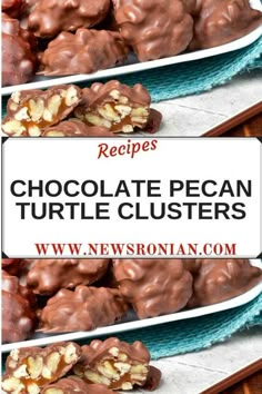 chocolate pecan turtle clusters are stacked on top of each other with text overlay