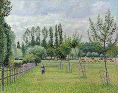 a painting of a person walking through a field with cows behind a fence and trees in the background