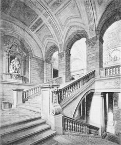 an old drawing of a staircase in a building