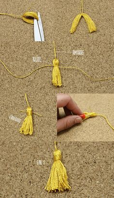 instructions to make tassels with yarn and scissors on the table, including how to crochet them