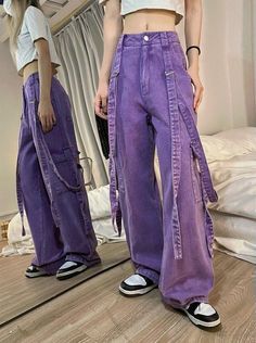 Women's Girl Harajuku pocket Jeans Casual Denim Loose Wide Leg Pants Retro Purple Cargo Pants, Baggy Y2k Jeans, Y2k Trousers, Style Cargo Pants, Pants Korean, Female Clothes, Korean Fashion Casual, Baggy Y2k, Style Cargo