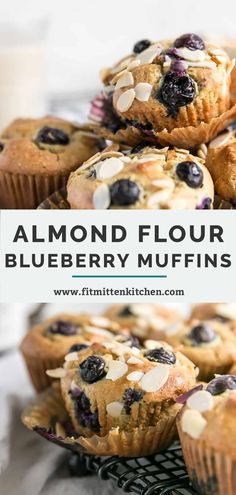 blueberry muffins are stacked on top of each other with almond flakes