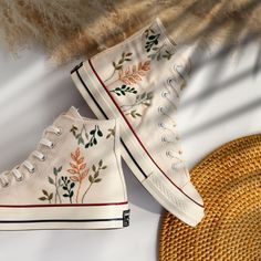 '' Custom Converse Hight Tops Chuck Taylor 1970s Embroidered Green Tree Leaves'' 🍀 Price includes Converse Shoes and Floral Embroidery Designs as shown 🍀 🍀 Shoe Type: Converse 1970s 🍀 Shoe color: 7. Begie_1970s 1. DETAILS 🍀 You can send me your Converse, Vans, canvas shoes or I can buy them for you. Custom-ordered embroidered Vans and Converse shoes, please wait another 2-4 days. Each pair is hand embroidered to order, please make sure you put in the correct shoe size before you check out. The embroidery is meticulous and does not fade. 🍀 You will receive Vans and Converse shoes with floral embroidery designs as above. 2. PERSONAL EXPRESSION 🍀 Create your unique vibe by your own design of embroidery! In addition to the embroidery patterns I post, I am happy to receive embroidery pat Embroidered Converse High Tops, Converse Haute, Wedding Sneakers For Bride, Embroidered Vans, Converse Wedding, Embroidered Converse, Cute Converse, High Top Chucks, Wedding Converse