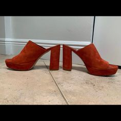 Perfect Condition Mansur Gavriel Brick Suede Platform Mules Modern Red Heels With Stacked Heel, Modern Red Platform Heels, Red Sole Wedge Heels, Orange Platform Heels For Formal Occasions, Formal Orange Platform Heels, Red Wedge Heels With Stacked Heel, Wedge Mules, Platform Mules, Mansur Gavriel