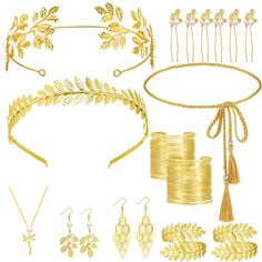 PRICES MAY VARY. Complete Greek Goddess Costume Set: these Greek goddess accessories include most things that you need to transform into a beautiful Greek goddess; With 2 golden laurel leaf crowns, 2 upper arm cuff coil bracelets, 2 bracelets, 2 pairs of artificial pearl drop earrings, 6 hair headpieces, 1 necklace, and 1 toga waist belt, you have all the essential accessories for a beautiful Greek goddess look Durable Material: made with durable alloy material, these toga party decorations are Goddess Costume Accessories, Greek Headpiece, Goddess Accessories, Laurel Leaf Crown, Hair Headpiece, Upper Arm Cuff, Greek Costume, Upper Arm Cuffs, Greek Goddess Costume