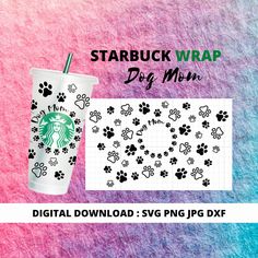 starbucks cup with paw prints on it next to a pink and blue background