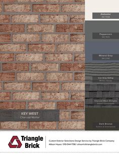 a brick wall with different colors and names on it, including grays, browns, and browns