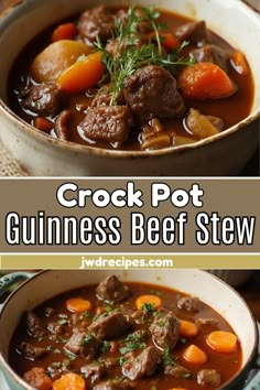 two pictures of crock pot guinness beef stew with carrots and celery