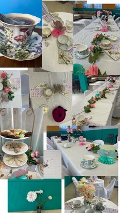 many different pictures of tea cups and plates on a table with flowers in vases