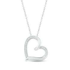 Show your love with this chic and sentimental necklace, featuring a swirling heart that hangs at a tilt and is accented by dainty round diamonds. Crafted in sterling silver, the pendant sways from an 18-inch cable chain that secures with a lobster clasp. Silver Diamond Necklace With Diamond Accents For Mother's Day, Valentine's Day Necklace With Diamond Accents In Round Pendant, Valentine's Day Round Pendant Necklace With Diamond Accents, Mother's Day Open Heart Diamond Necklaces, Mother's Day Open Heart Necklace With Diamond Accents, Mother's Day Open Heart Diamond Necklace, Sterling Silver Necklace With Diamond Accents Heart Pendant, Sterling Silver Open Heart Necklace With Diamond Accents, Silver Open Heart Diamond Necklace For Formal Occasions