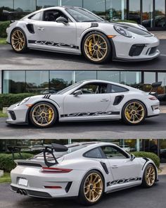 the side view of a white car with gold rims and wheels, in three different views