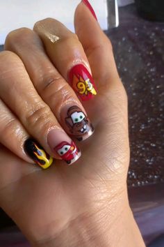 Disney Cars Nails Acrylic, Cars Acrylic Nails, Disney Cars Nail Art, Cars Inspired Nails, Lightning Mcqueen Nails Acrylic, Car Acrylic Nails