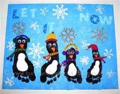 three penguins with hats and scarfs are depicted on a blue background, surrounded by snowflakes