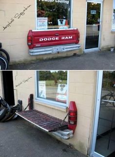 an image of a red truck parked in front of a building with the words another 12 of the coolest benches