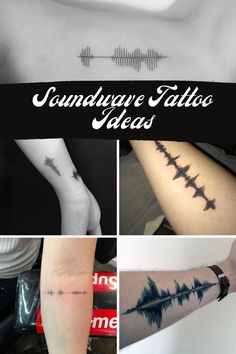 some tattoos that are on the side of a woman's neck and arm with sound waves