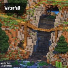 a screenshot of a waterfall in minecraft with trees and bushes around it, which is also the entrance to a cave