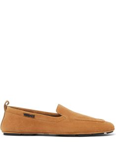 brown calf suede logo lettering square toe branded leather insole studded sole Modern Brown Suede Moccasins, Loafers Brown, Versace Logo, Balenciaga Track, Balenciaga Triple S, Suede Loafers, Summer Beach Wear, Derby Shoes, Espadrille Shoes