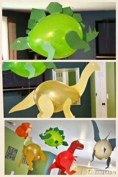 three different pictures of balloons in the shape of dinosaurs