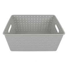 a gray plastic basket with holes on the sides and bottom, in front of a white background