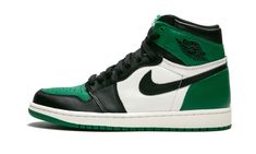 The Air Jordan 1 High “Pine Green” released during fall 2018 and become an instant classic. The “Pine Green” Jordan 1 has the same color blocking as the popular “Bred Toe” colorway, but replaces the red accents with a dark green shade to go along with black and white leather paneling across the upper. The colorway is understandably compared to the “Celtics” colorway released as part of the Air Jordan 1 Defining Moments Pack in 2009. It provides a great alternative for those that missed out on th Pine Green Jordan 1, Green Jordans, Dr Shoes, Jordan Shoes Girls, All Nike Shoes, Nike Shoes Jordans, Nike Air Shoes, Air Jordan Sneakers, Green Sneakers