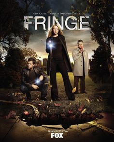 the tv poster for fringe with two people in front of trees and an image of a man