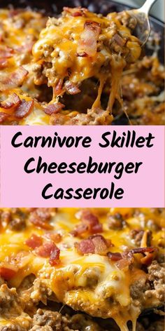 a casserole with cheese and meat is being lifted from the skillet by a spoon