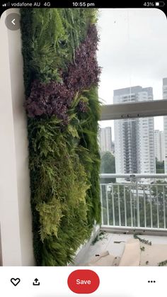 an image of a vertical plant wall on the outside of a building with buildings in the background