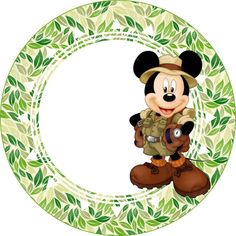 a mickey mouse holding a camera in front of a circular frame